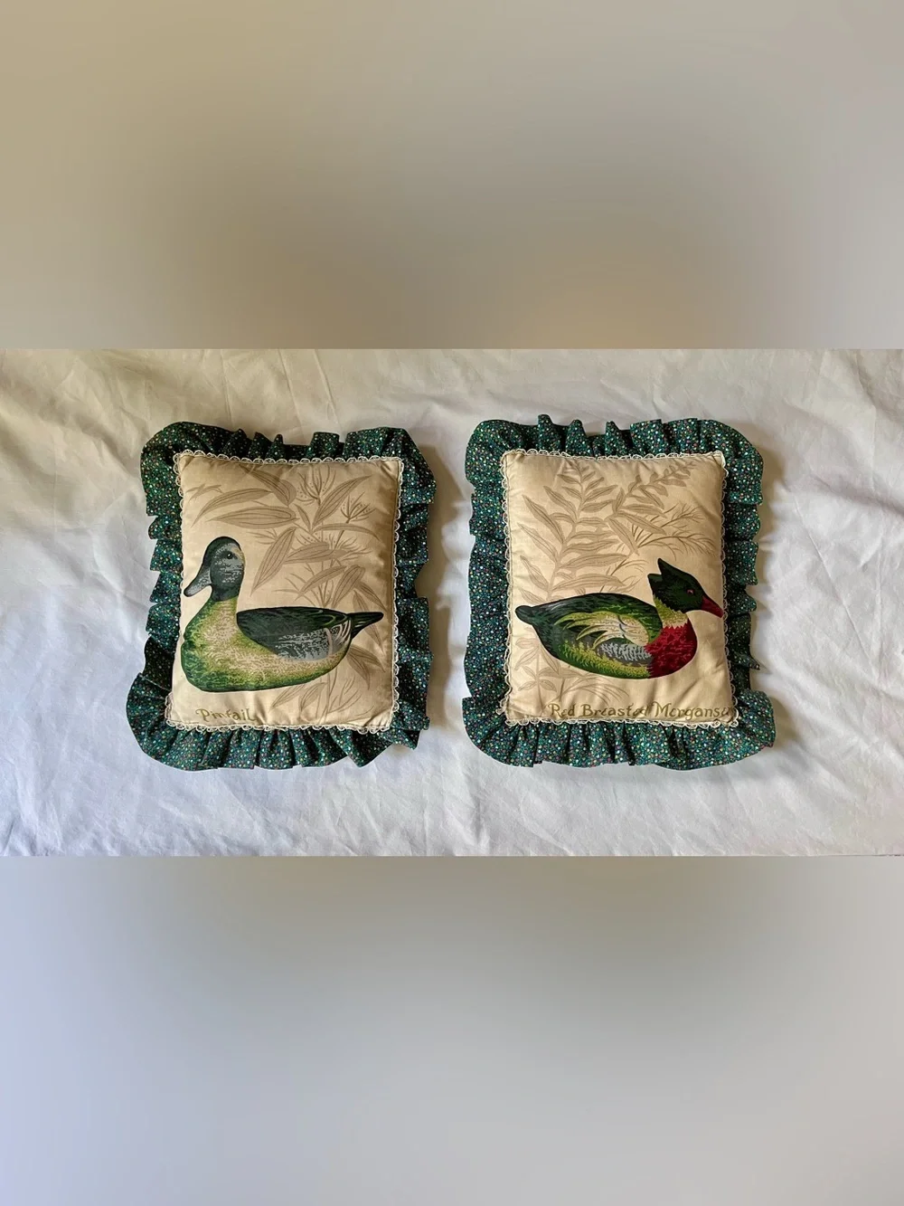 Pair of Vintage Decorative Duck Print Throw Pillows with Green Ruffled Trim